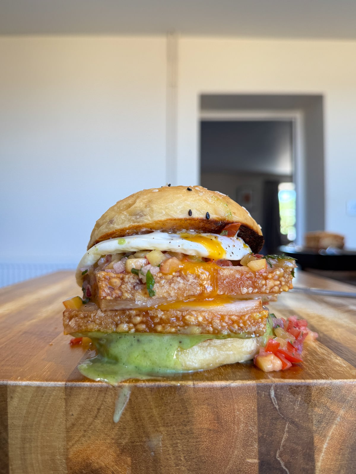 confit pork belly sandwich with salsa
