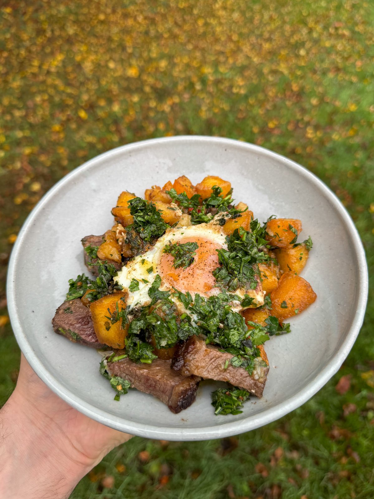 a portion of roast beef hash in a bowl