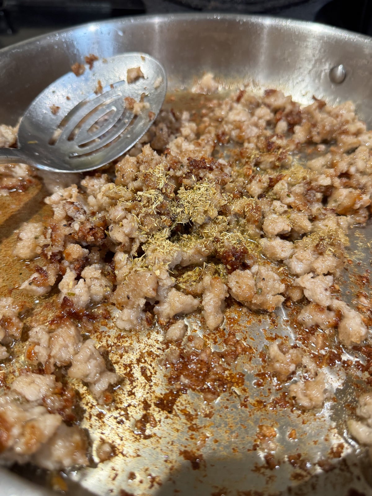 sausage meat fried with crushed fennel seeds