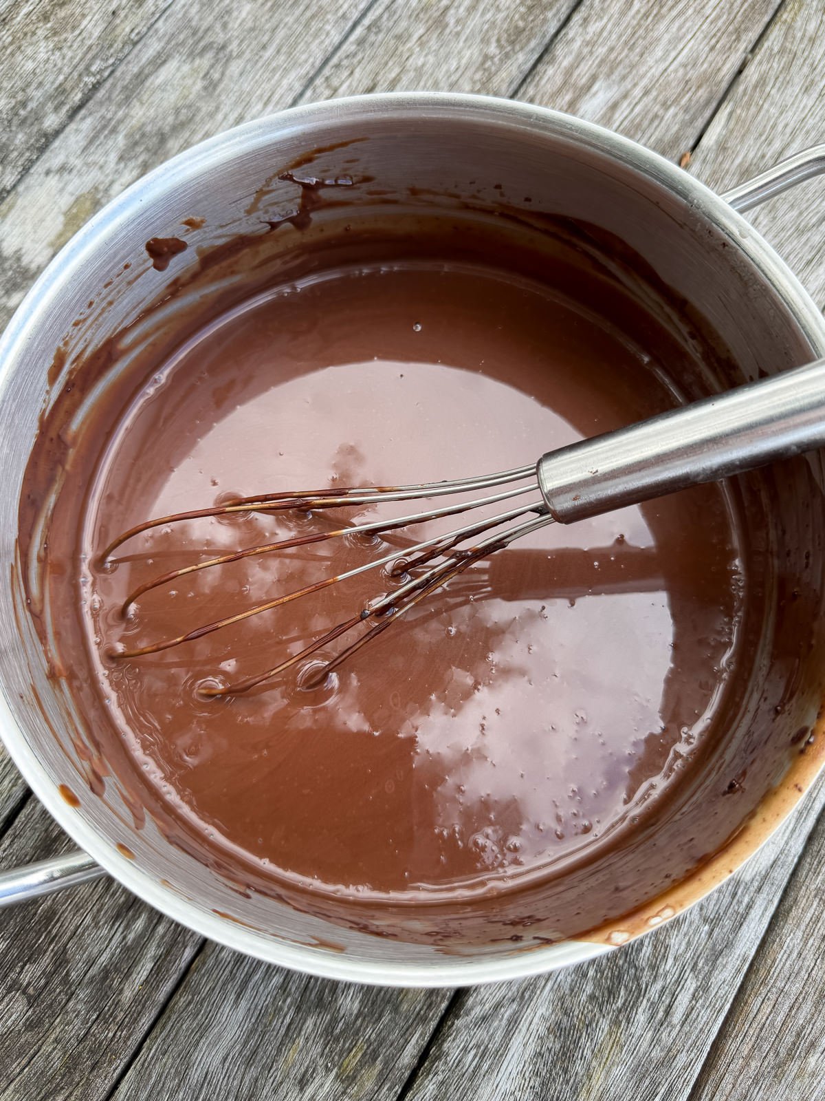 fudgy chocolate sauce in pan