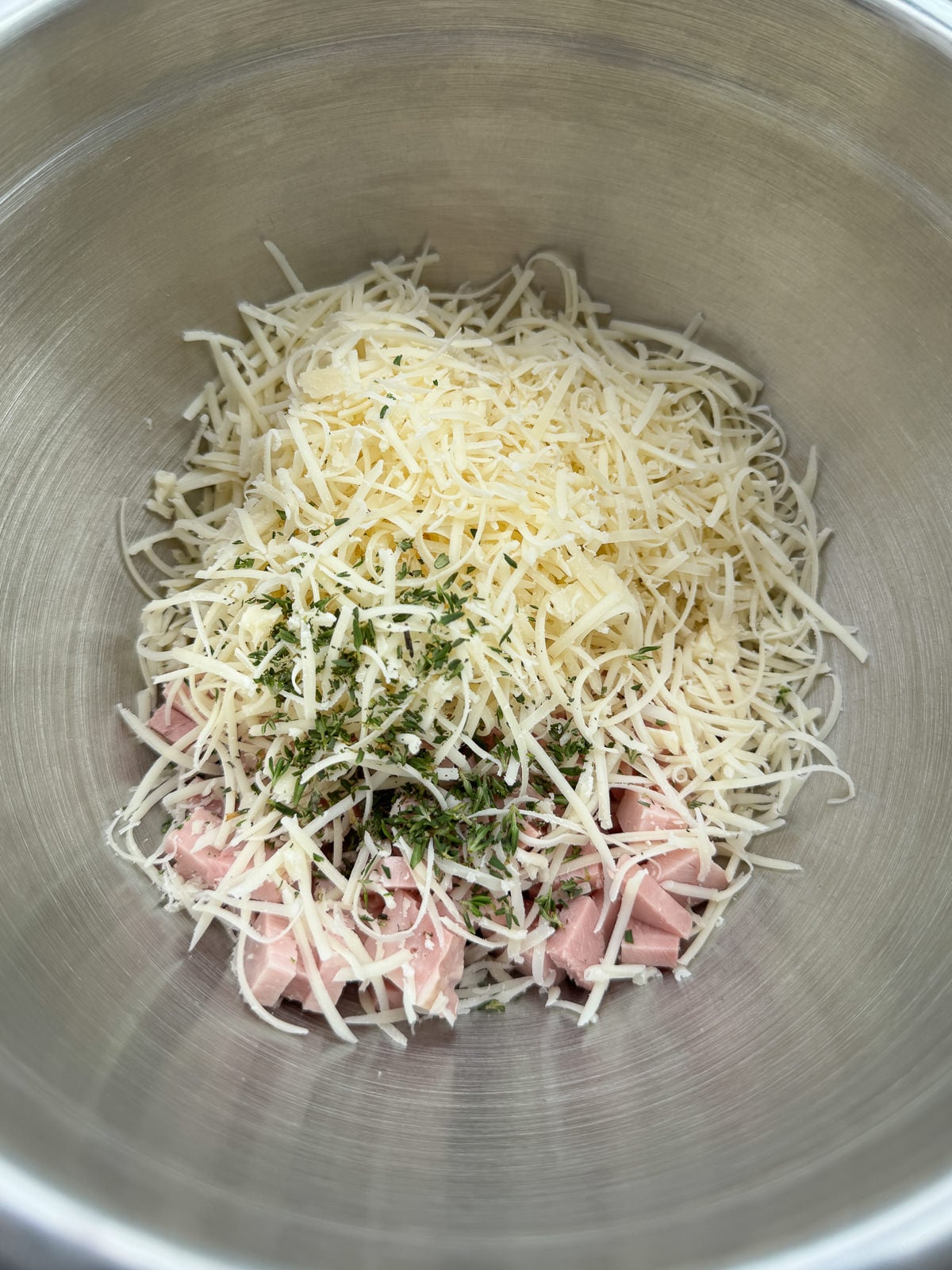 grated cheese chopped ham thyme