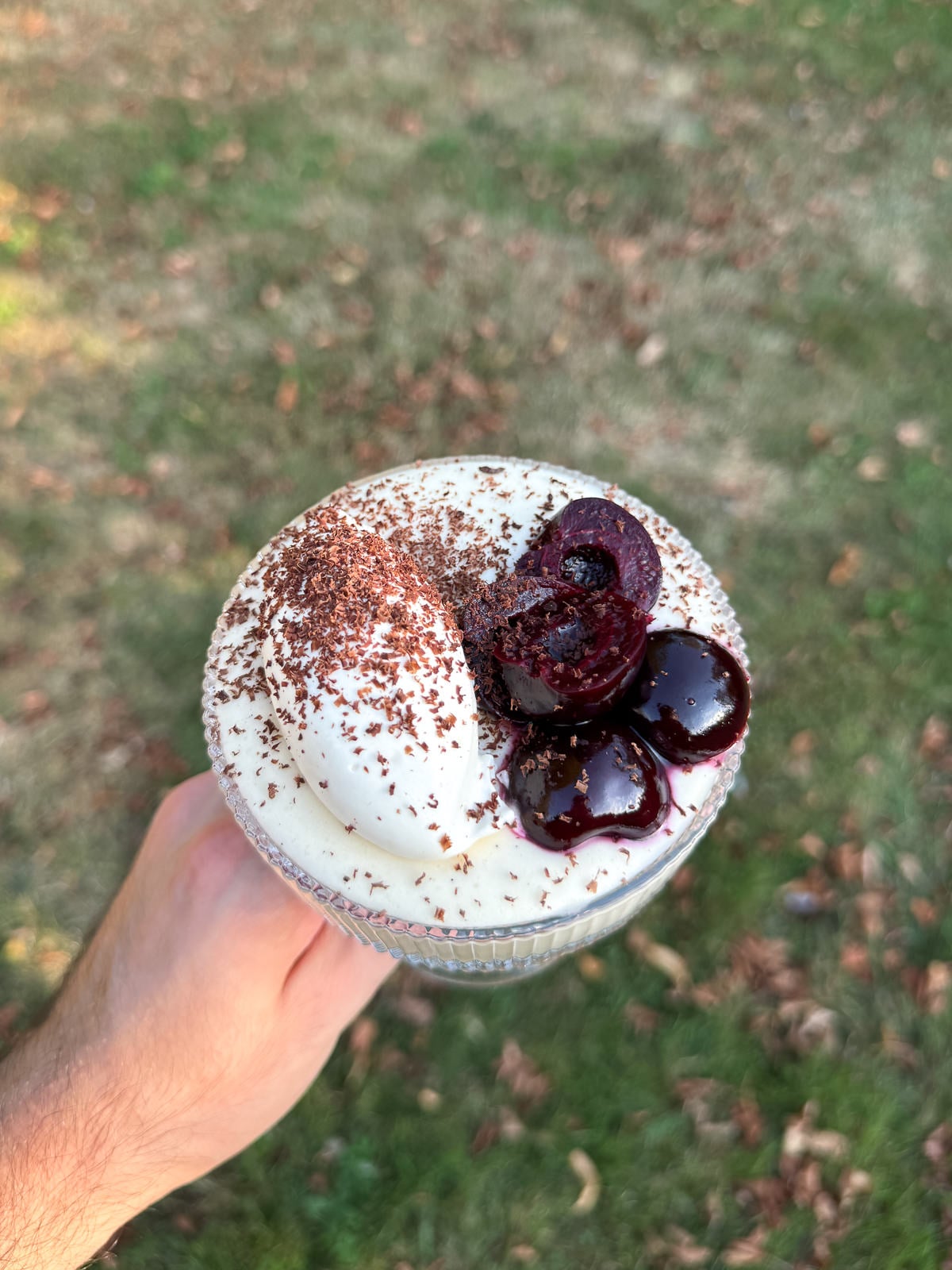 poached cherries with chocolate mousse
