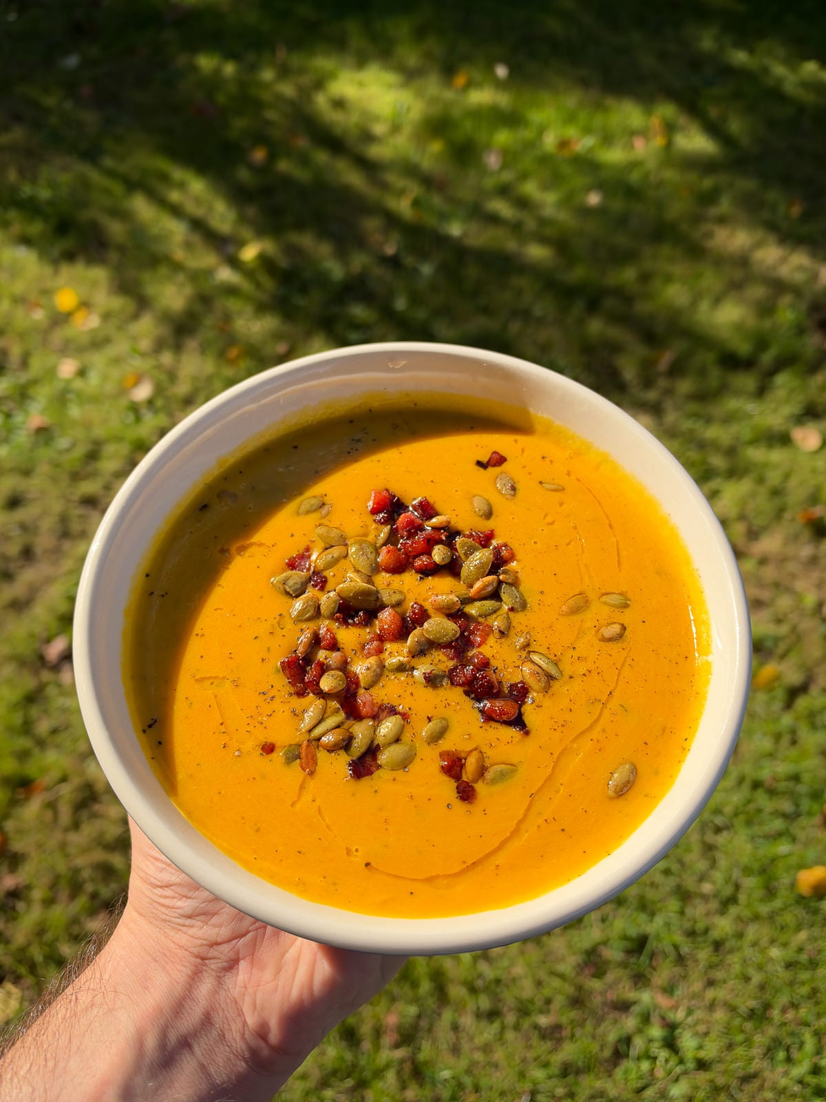 roasted pumpkin soup with pancetta and pumpkin seeds