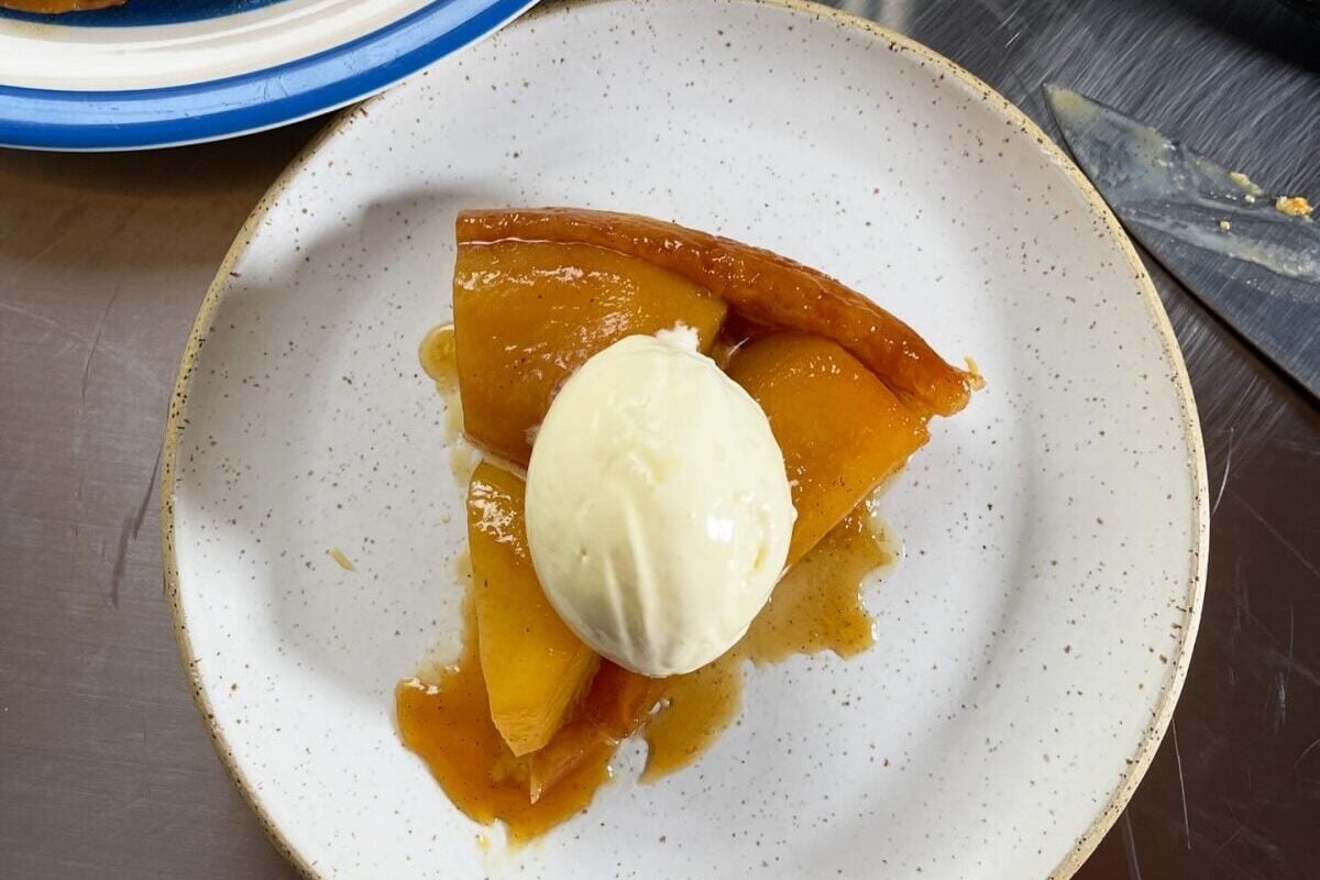 pear tarte tatin with vanilla ice cream