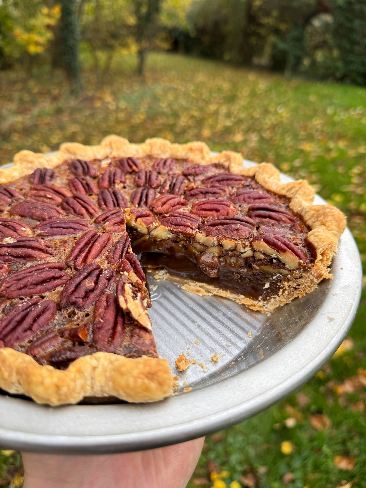whole pecan pie with slice missing