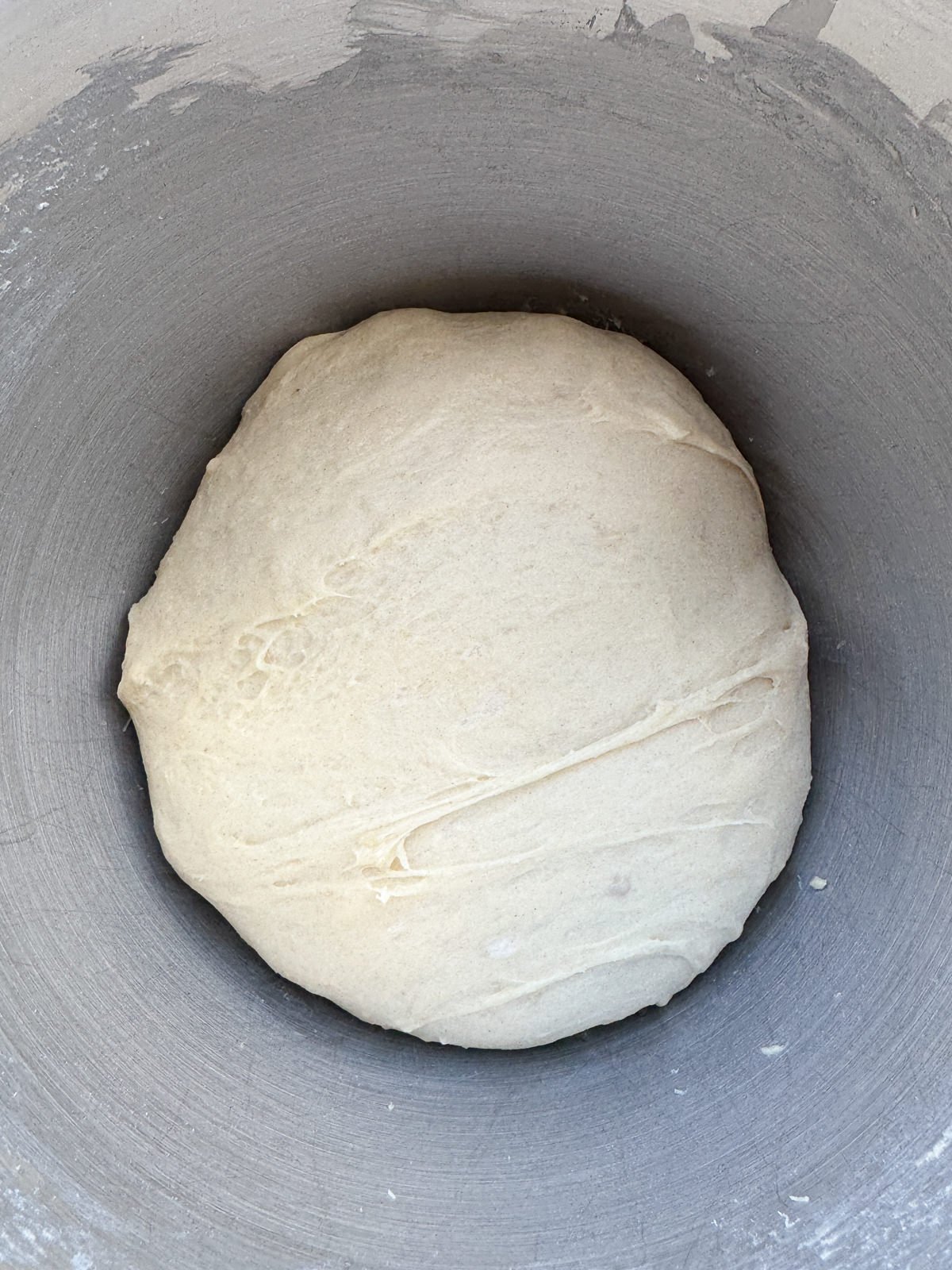 potato burger bun dough in mixing bowl