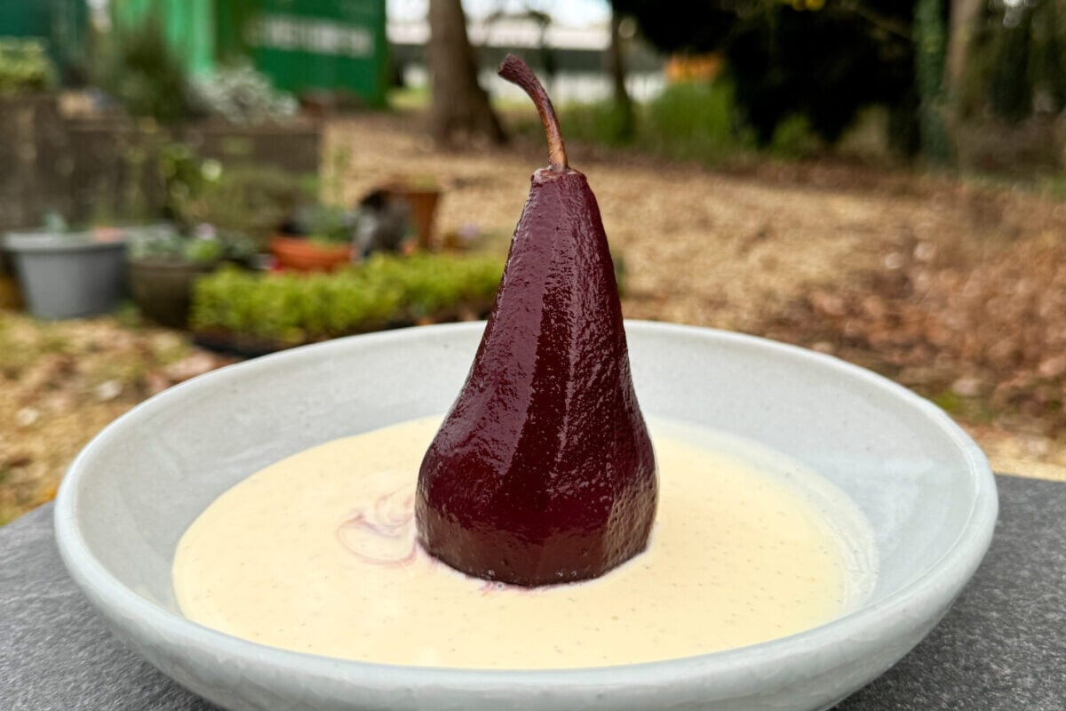 mulled wine poached pear with vanilla custard