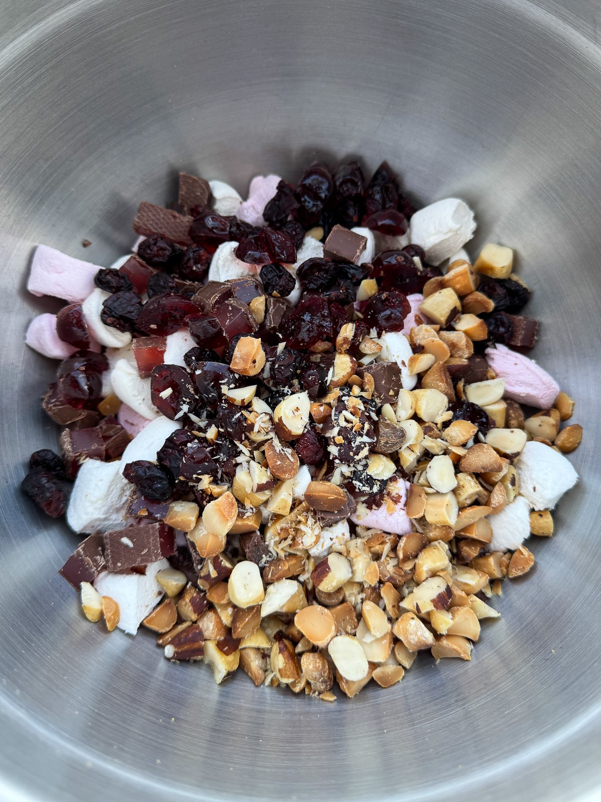 rocky road mix ins in mixing bowl