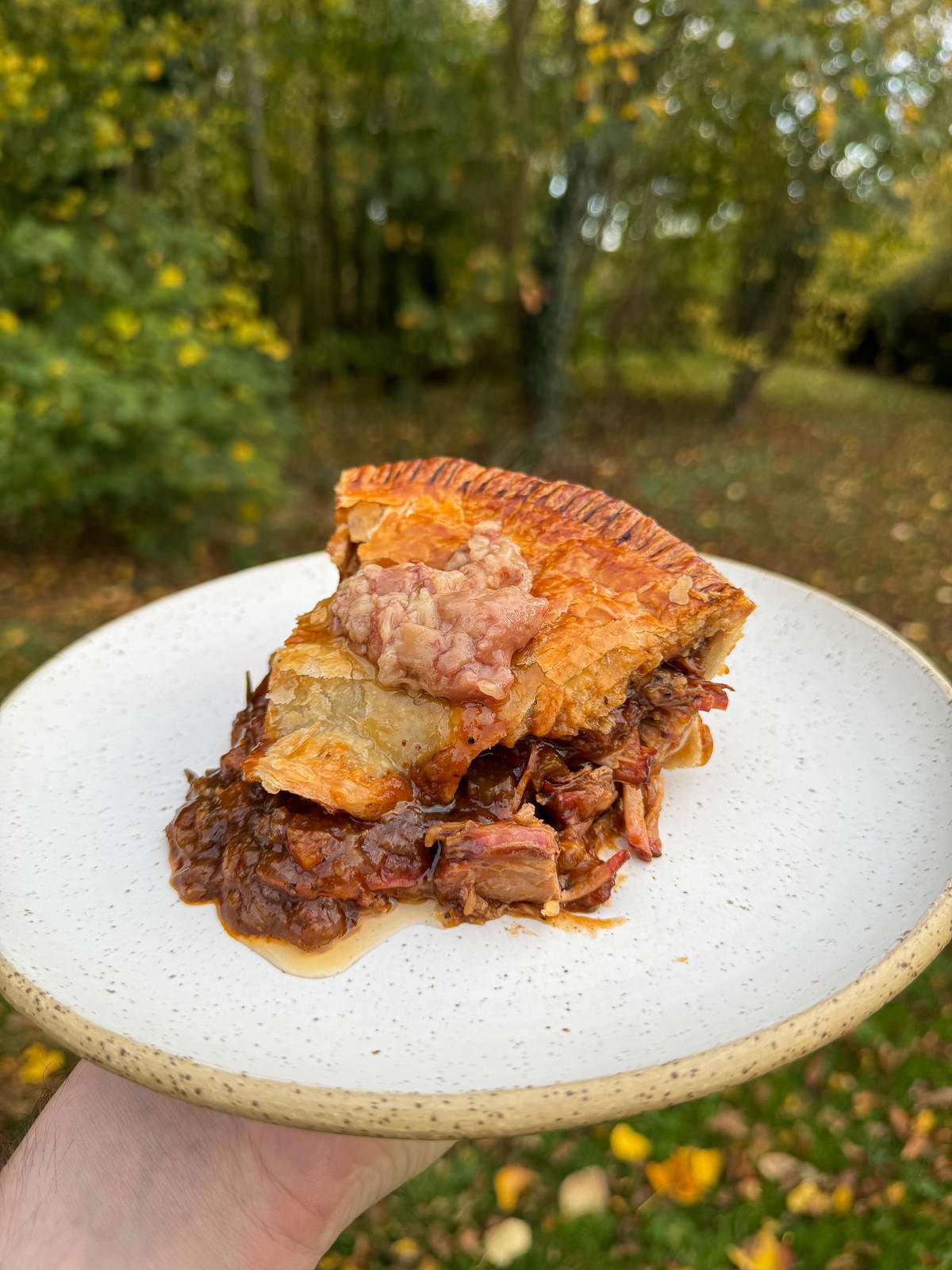 slice of smoked beef pie with bone marrow