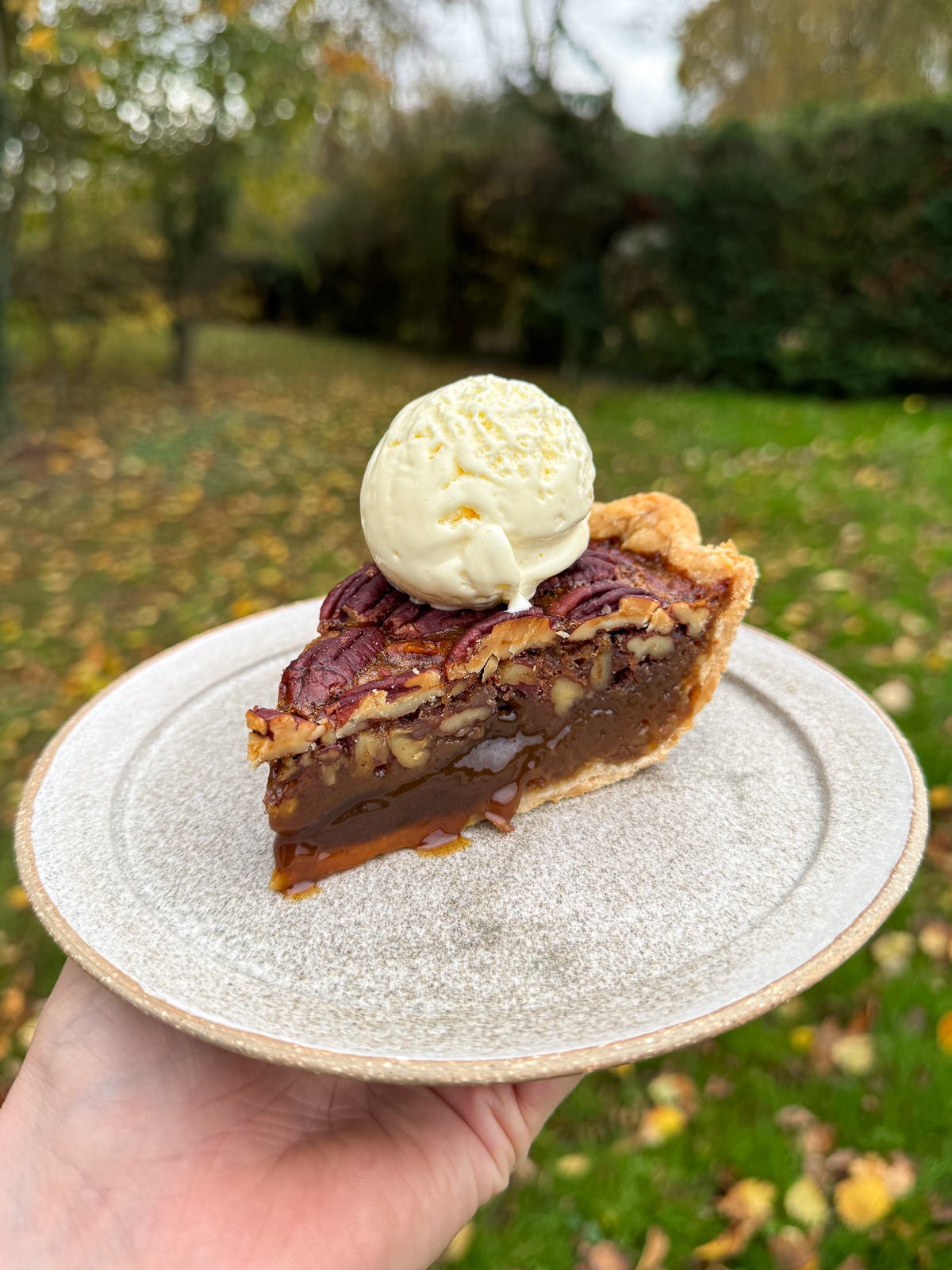 slice of pecan pie with a scoop of ice cream on top