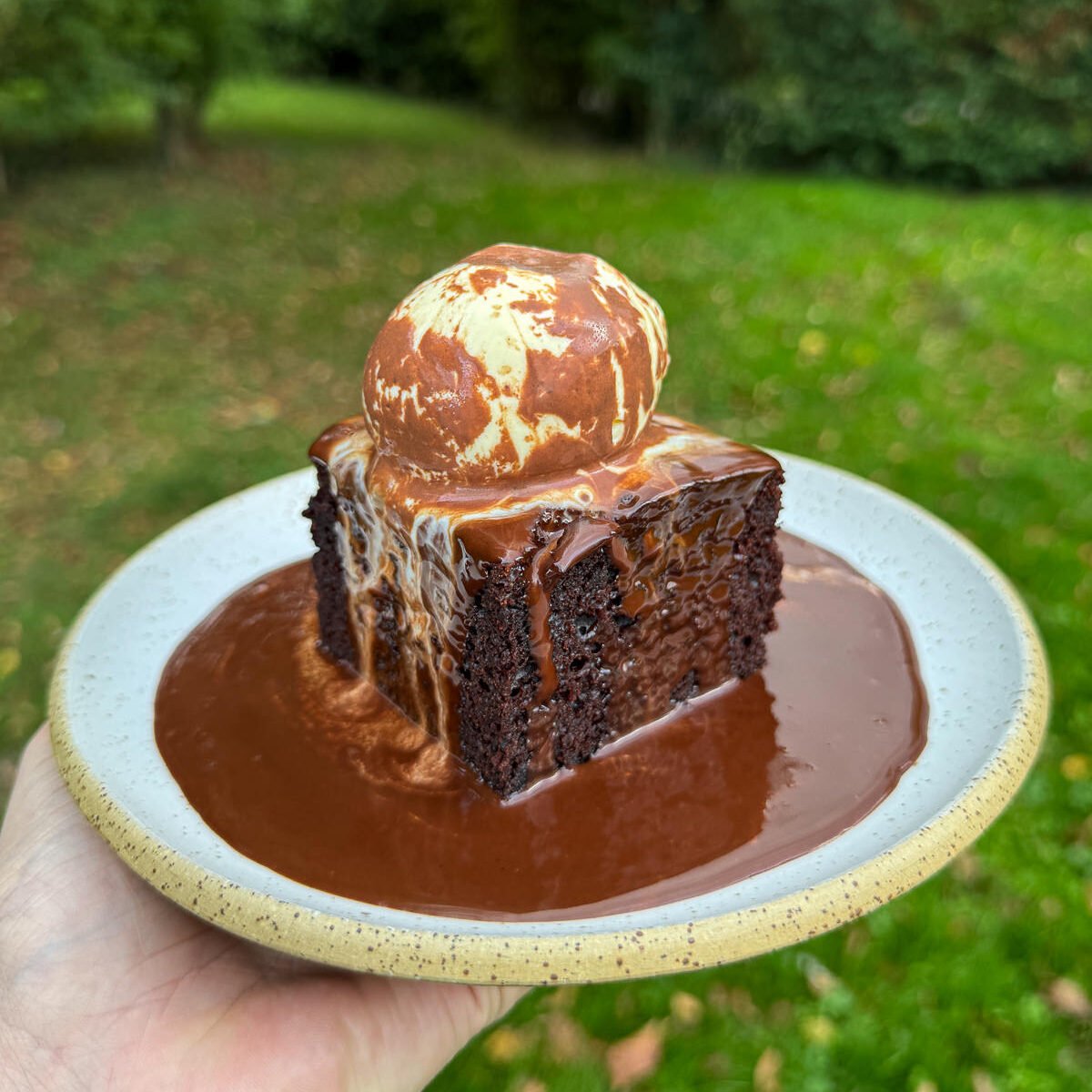 sour cream chocolate cake with dark chocolate sauce & ice cream