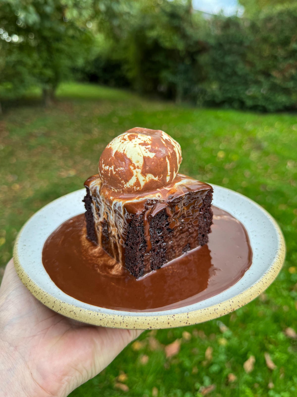 sour cream chocolate cake with fudge sauce
