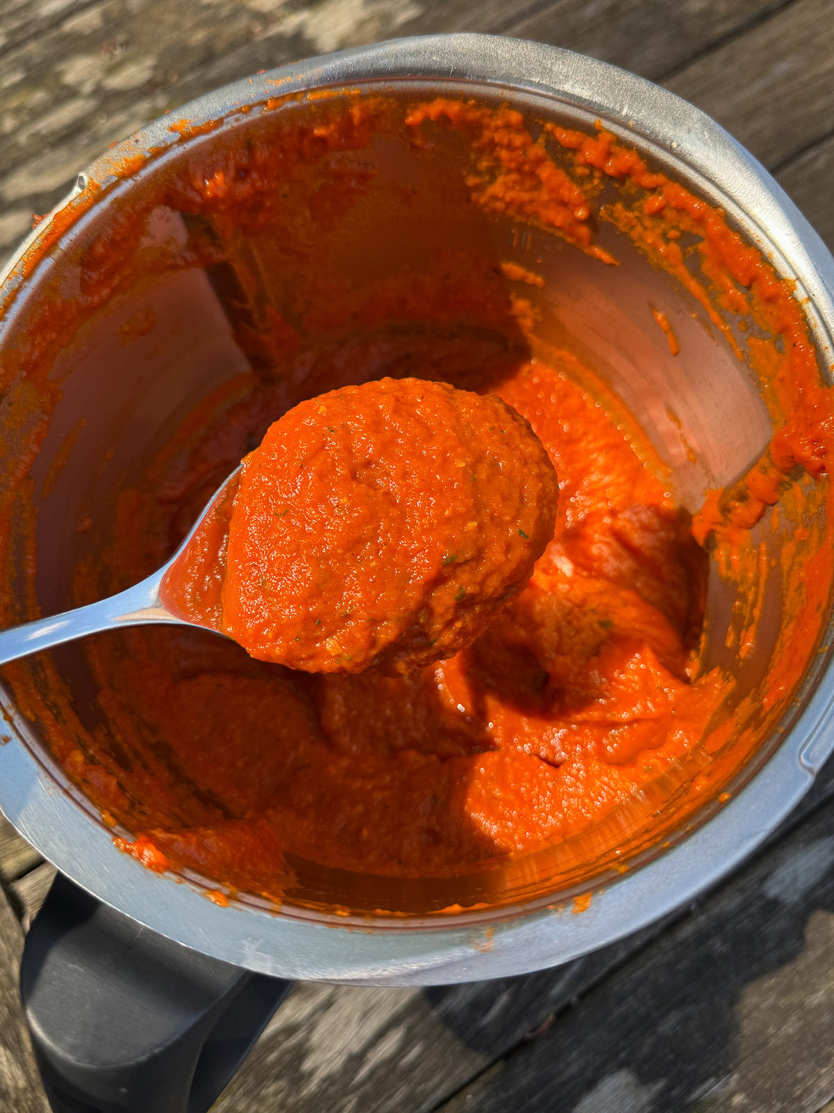 spoonful of tomato sauce to show thick smooth texture