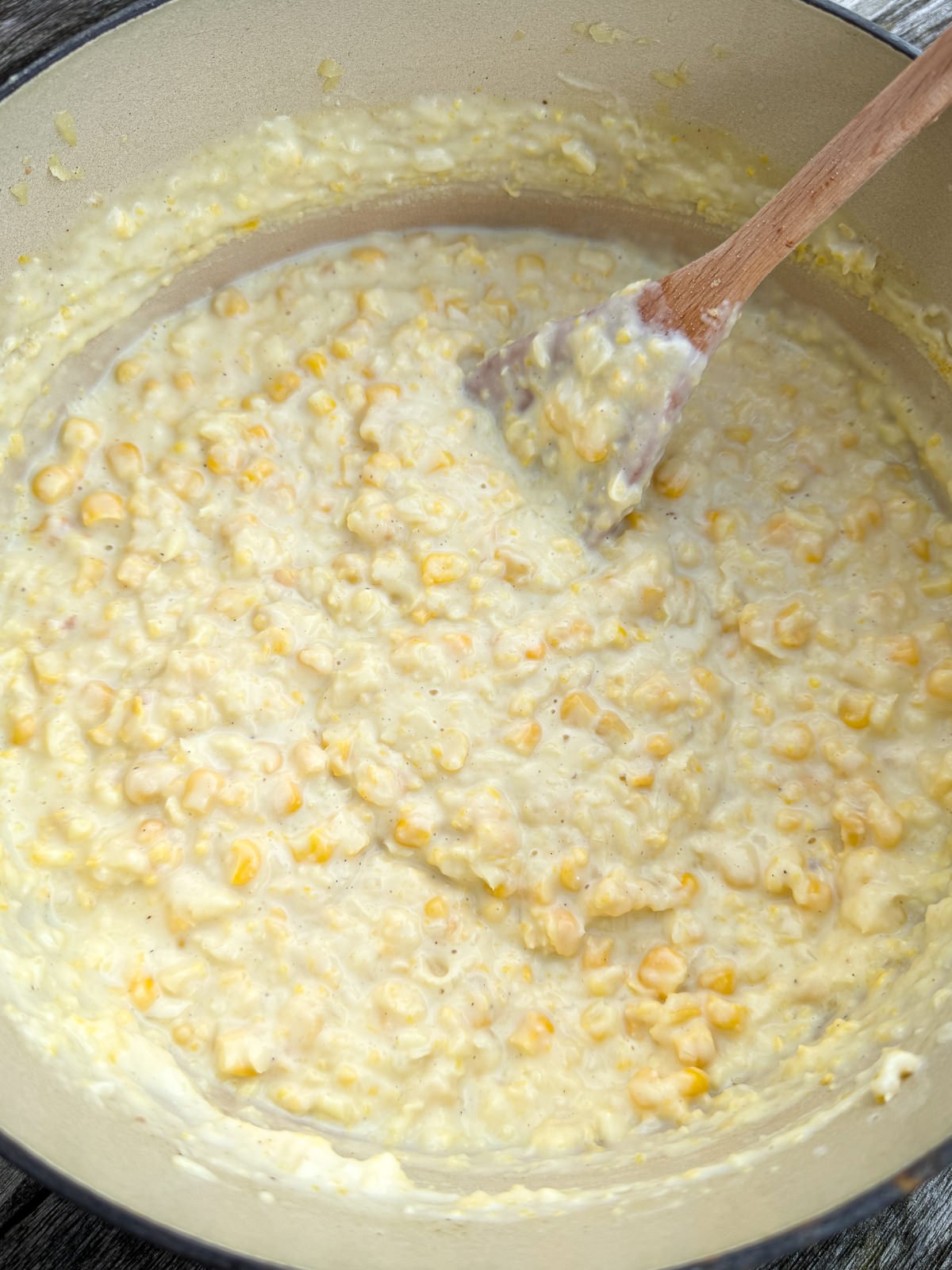 Thanksgiving creamed corn in a pan