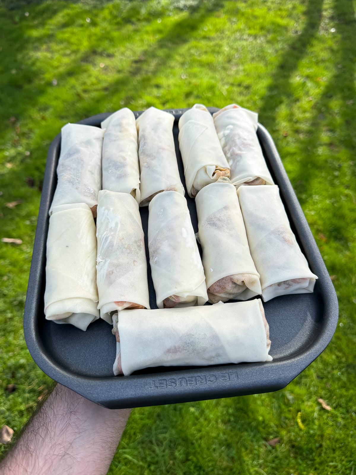 tray of rolled spring rolls homemade
