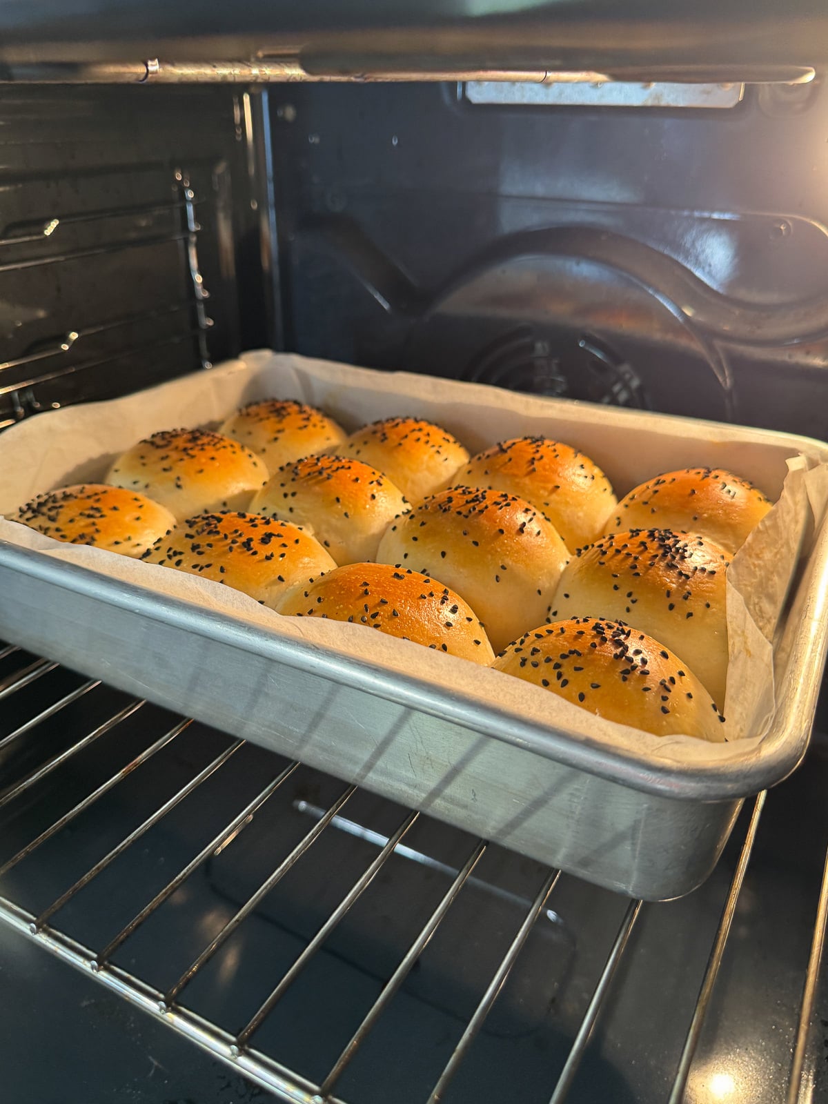 tray of rolls in oven