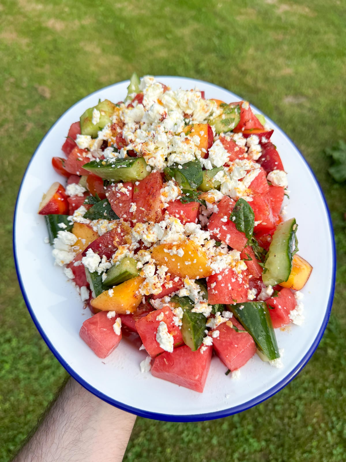 watermelon frozen peach salad with lime dressing
