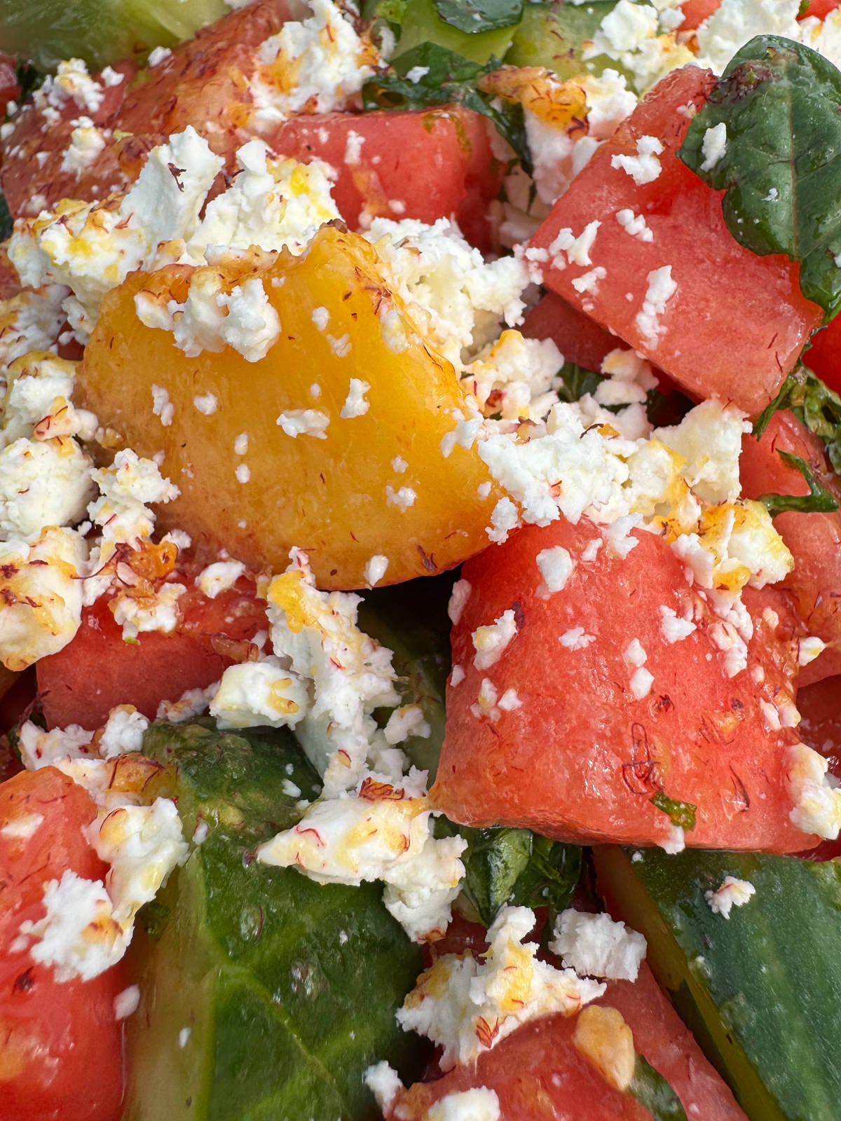melon feta salad close up
